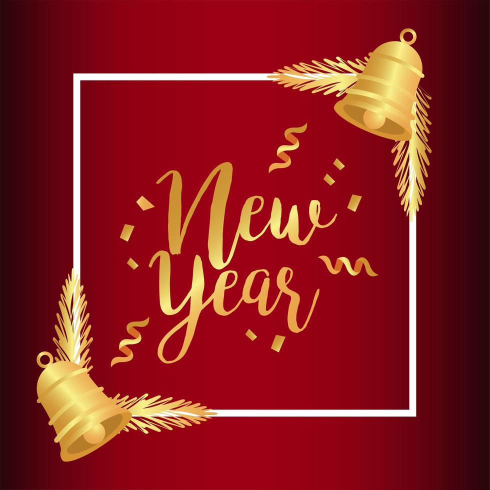 cartão com letras douradas de ano novo com sinos em moldura quadrada vetor