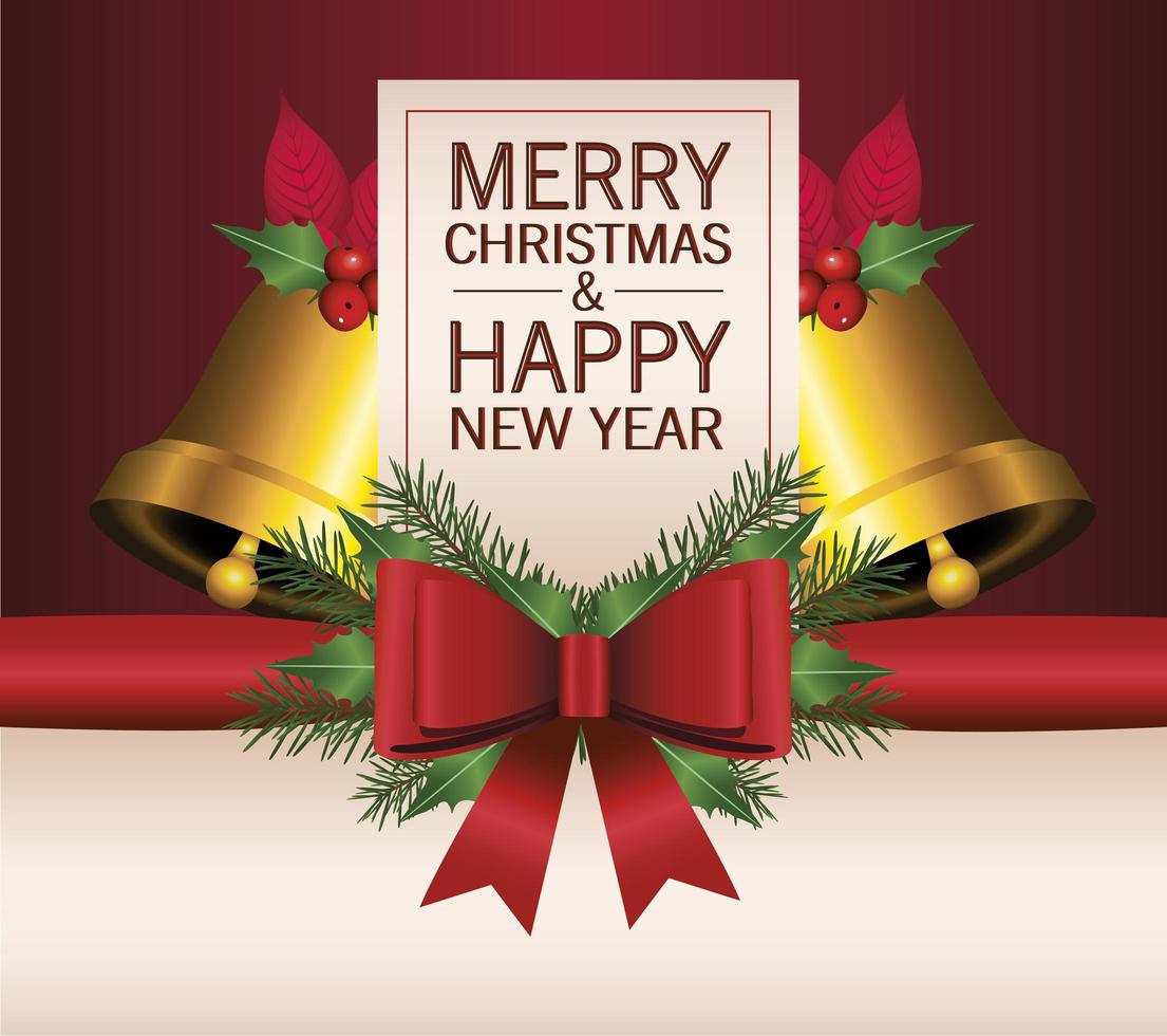 cartão de letras feliz Natal com sinos e fita de arco vetor