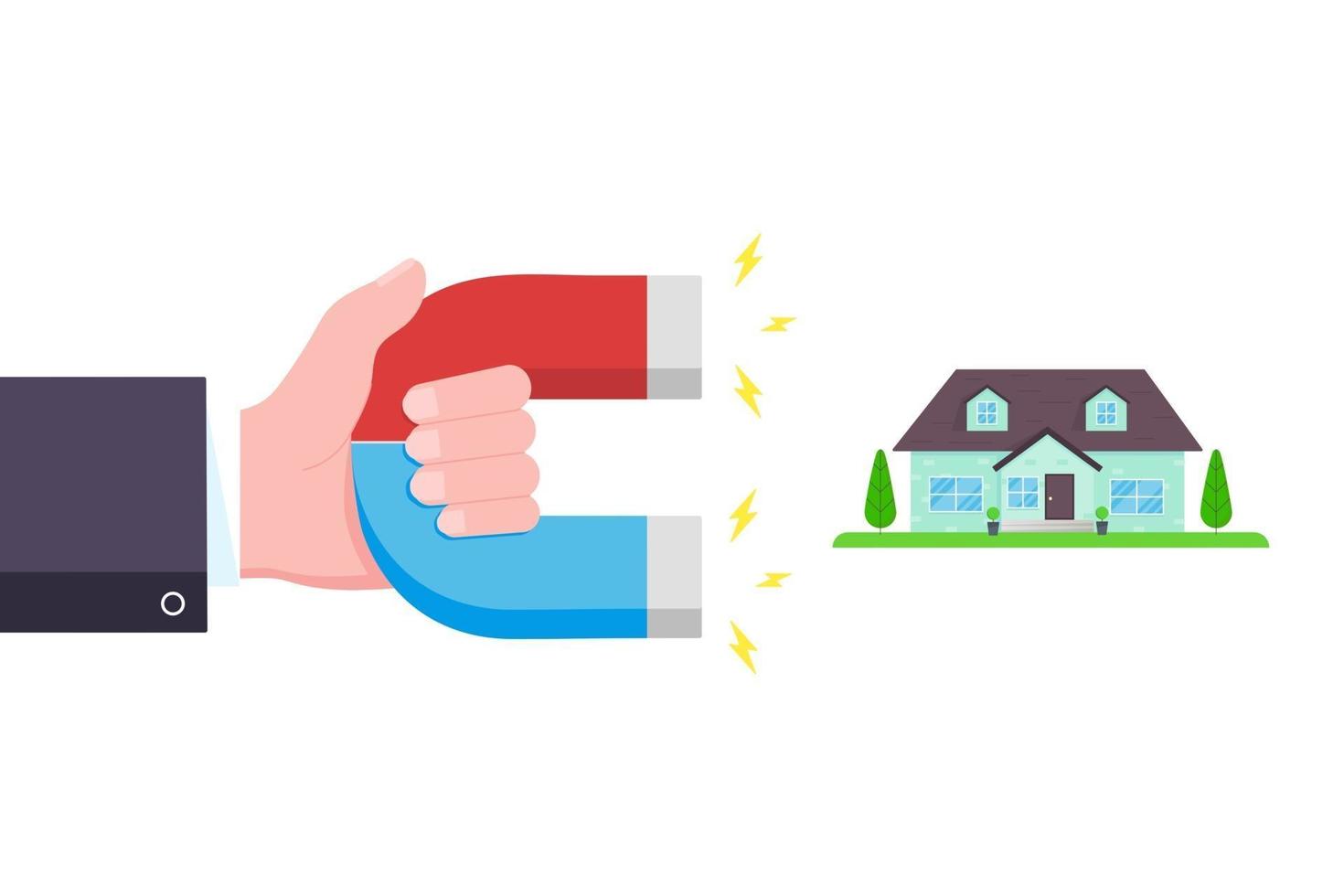 mão segure o ícone do ímã em ferradura vermelha e azul sinal atrair casa conceito imobiliário estilo plano design ilustração vetorial vetor