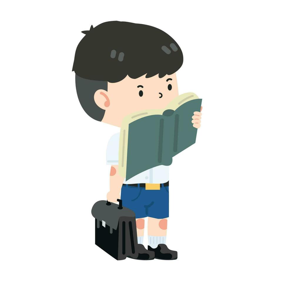 criança Garoto aluna lendo livro vetor