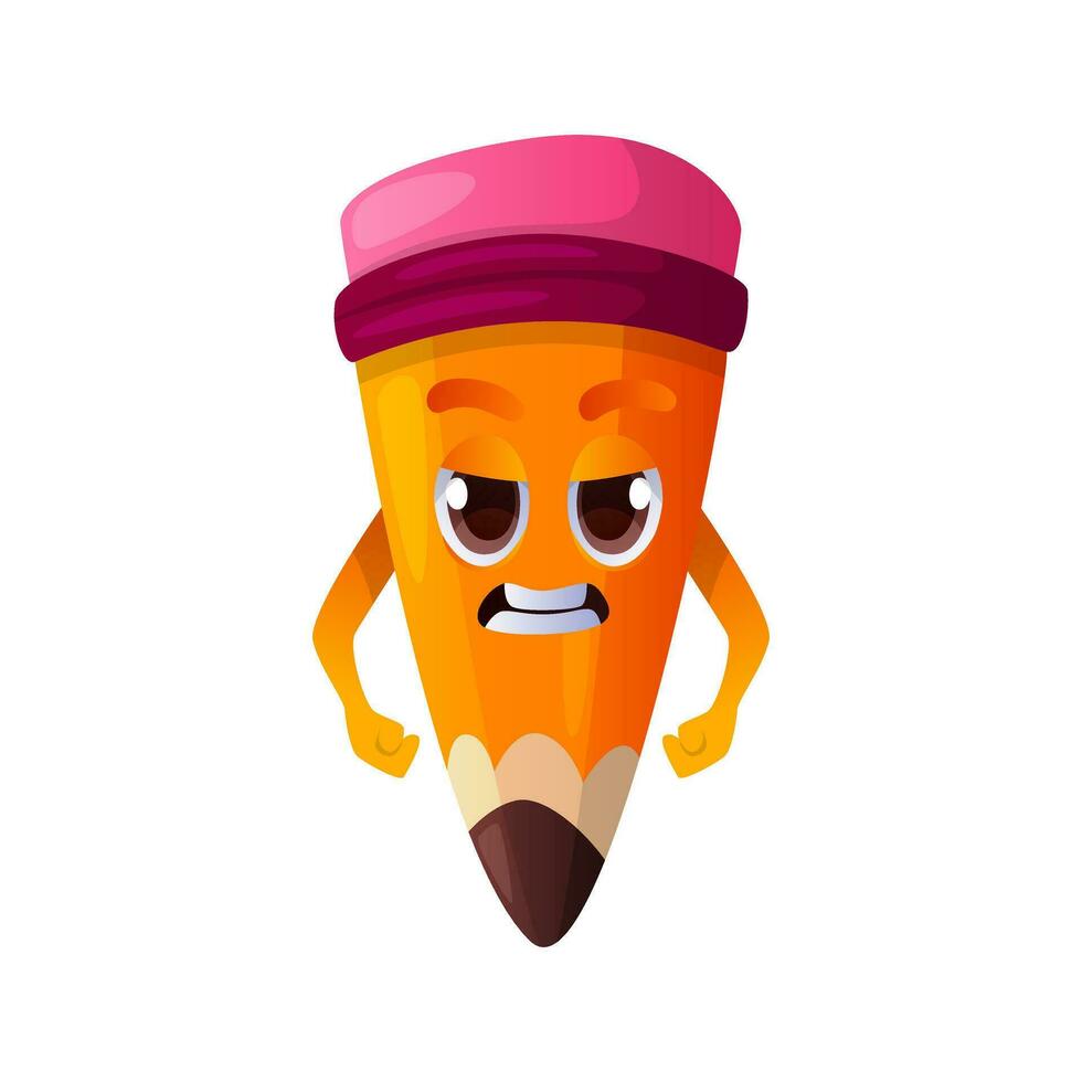 fofa lápis Bravo personagem dentro pose. personagem com olhos, mãos, irritado expressão. escola suprimentos, Educação papelaria mascote emoticon. engraçado educacional coisa face emoji. costas para escola vetor