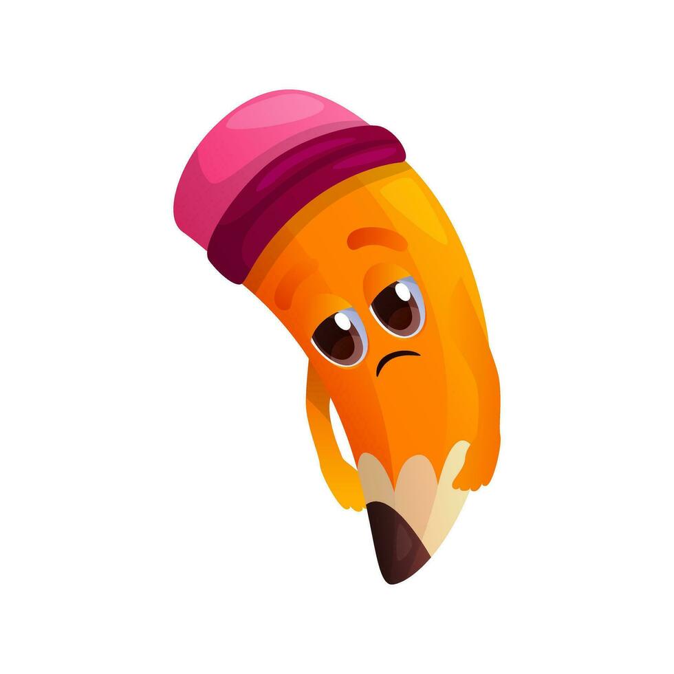 fofa lápis triste personagem dentro pose. personagem com olhos, mãos, chateado expressão. escola suprimentos, Educação papelaria mascote emoticon. engraçado educacional coisa face emoji. costas para escola vetor