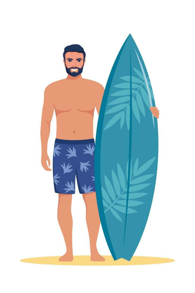 jovem homem surfista com prancha de surfe em pé em a de praia. sorridente surfista cara. vetor ilustração.