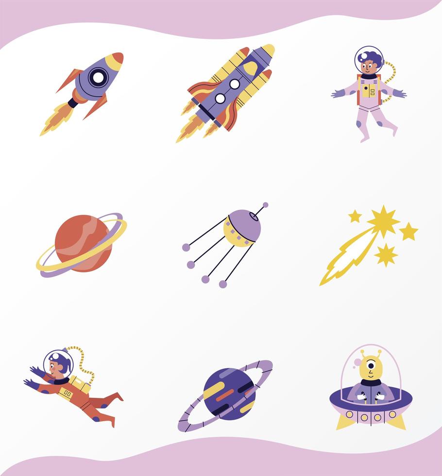 pacote de nove ícones do conjunto espacial vetor