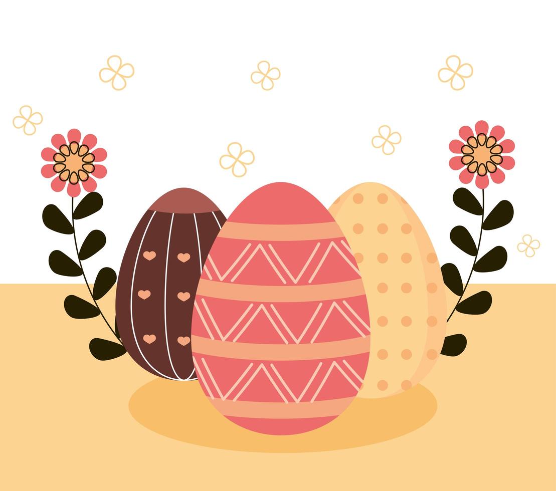 feliz páscoa delicada decoração de ovos e ornamento floral vetor