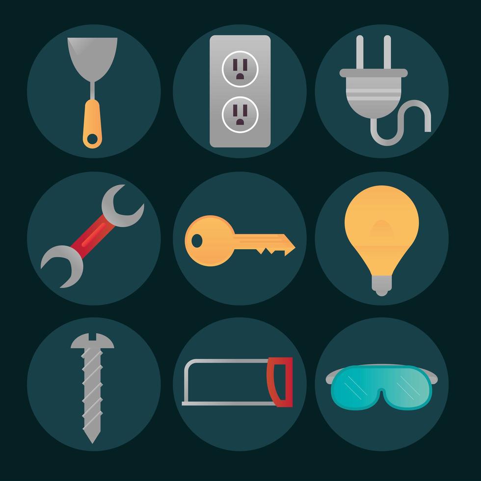 ícones de equipamentos e ferramentas de renovação de reparos domésticos espátula parafuso de chave inglesa vetor