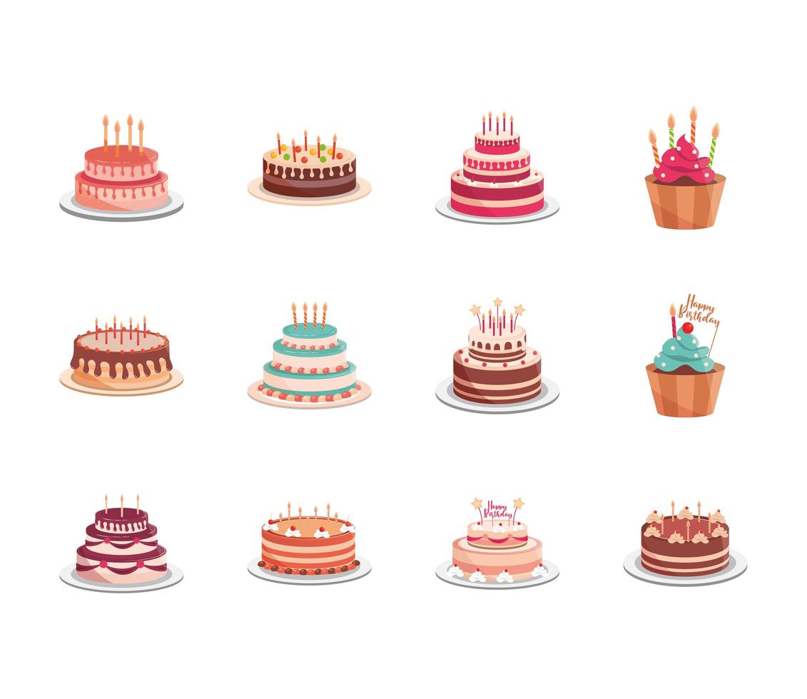 bolos deliciosos de aniversário, cupcakes decorados confeitarias com esmalte vetor