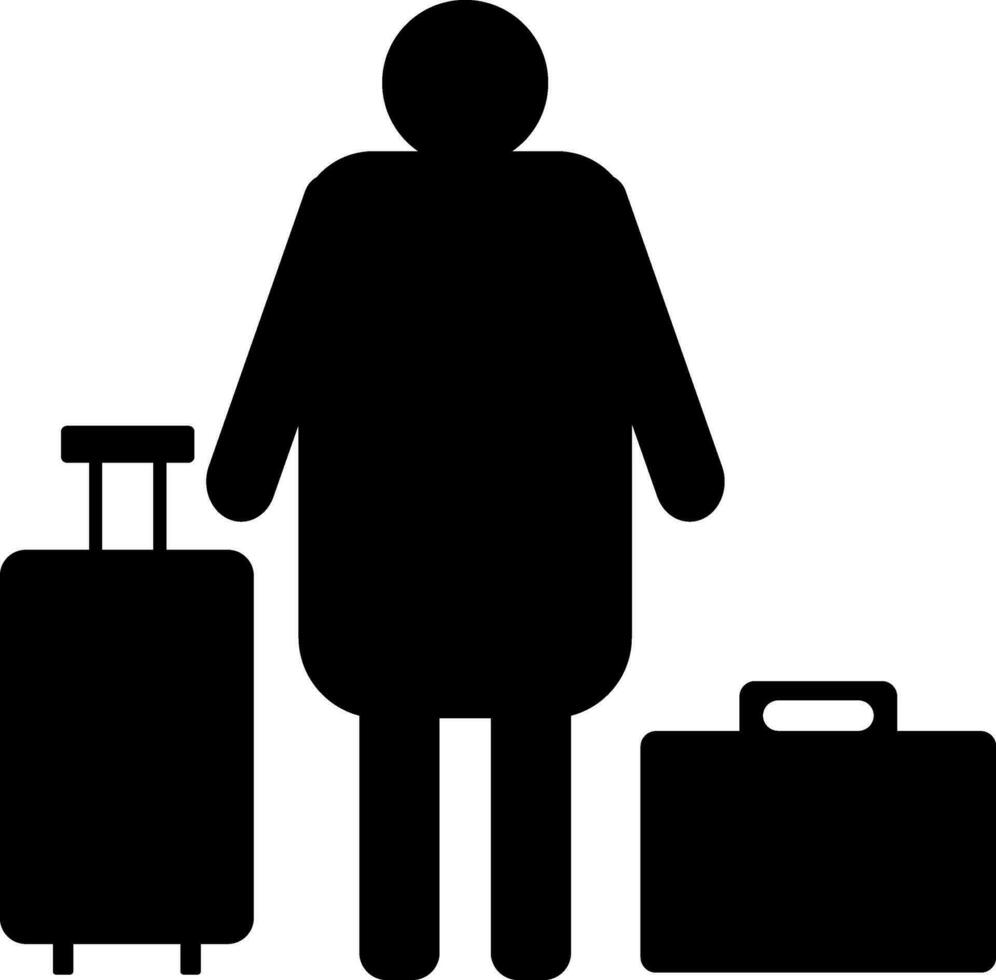 turista homem em pé com bagagem saco e pasta ícone. vetor
