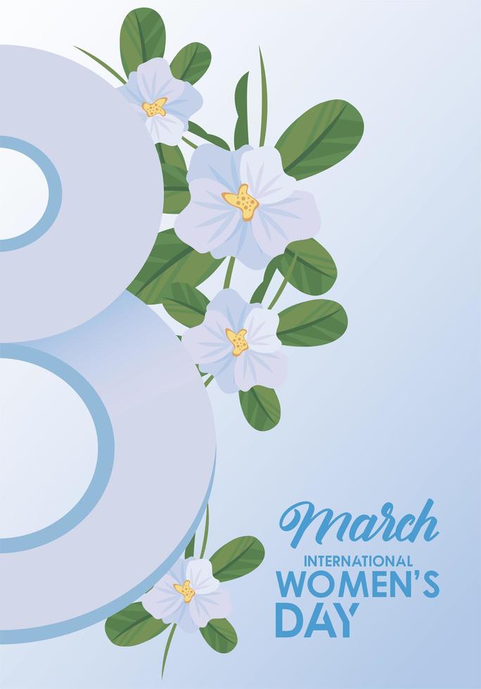 pôster de celebração do dia internacional da mulher com lilás número oito e flores vetor