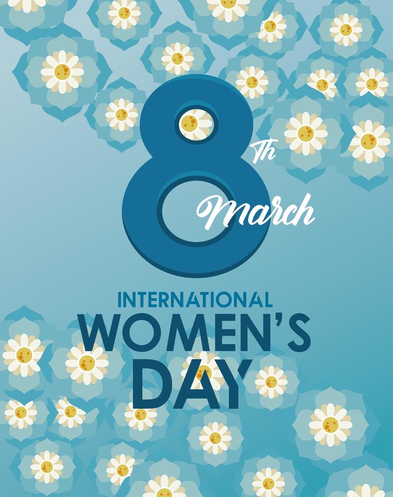 pôster de celebração do dia internacional da mulher com flores azuis e letras vetor