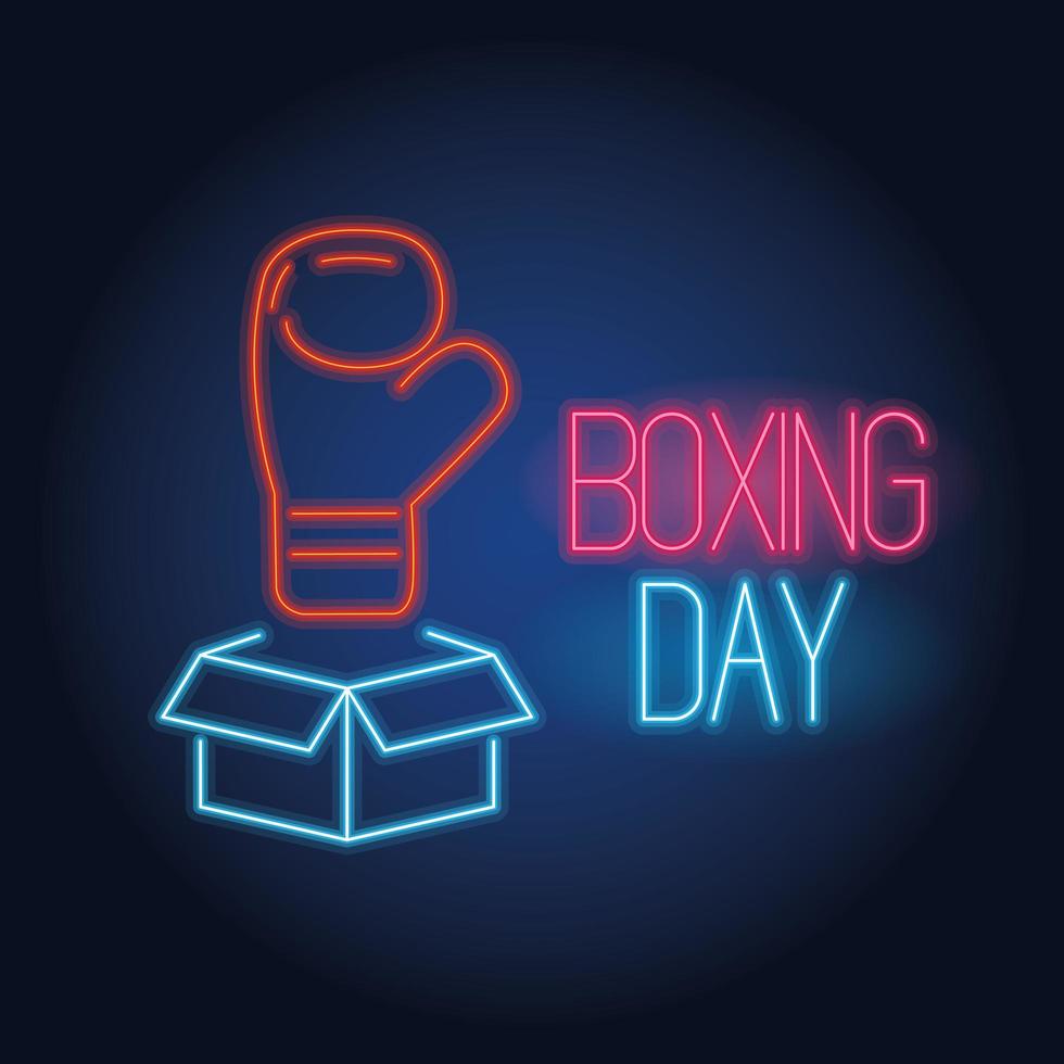 luzes de néon de boxing day sale com caixa e luva vetor