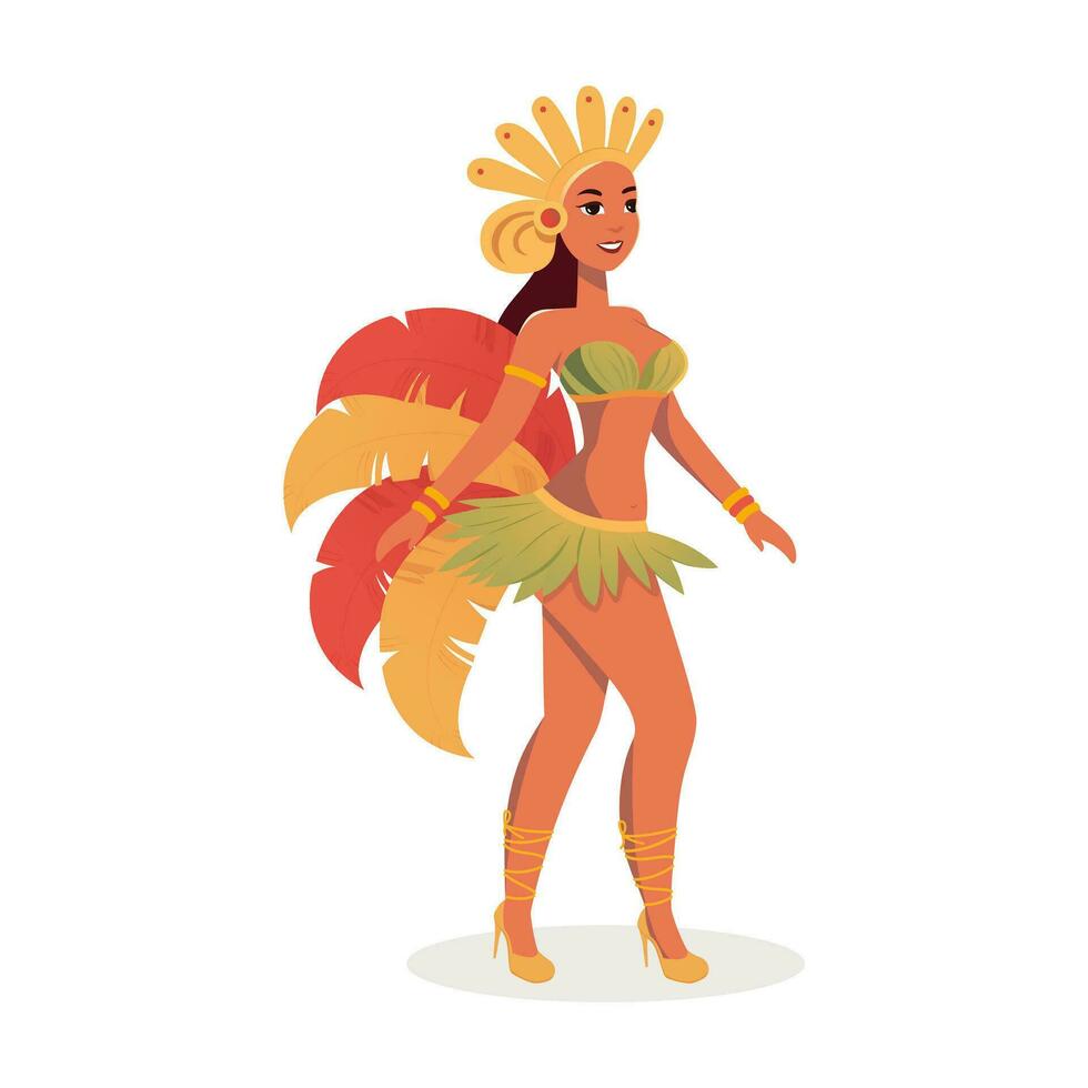 lindo jovem fêmea vestindo pena traje dentro em pé pose. carnaval ou samba dança conceito. vetor