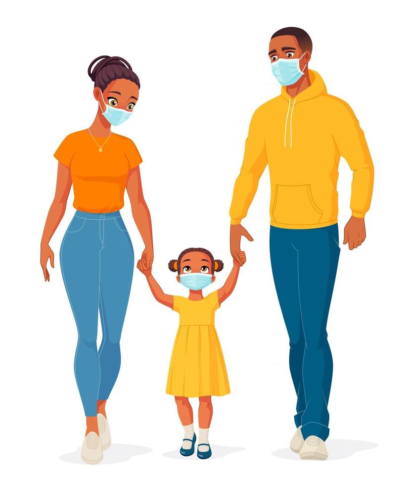 ilustração vetorial de família afro-americana usando máscaras de proteção vetor