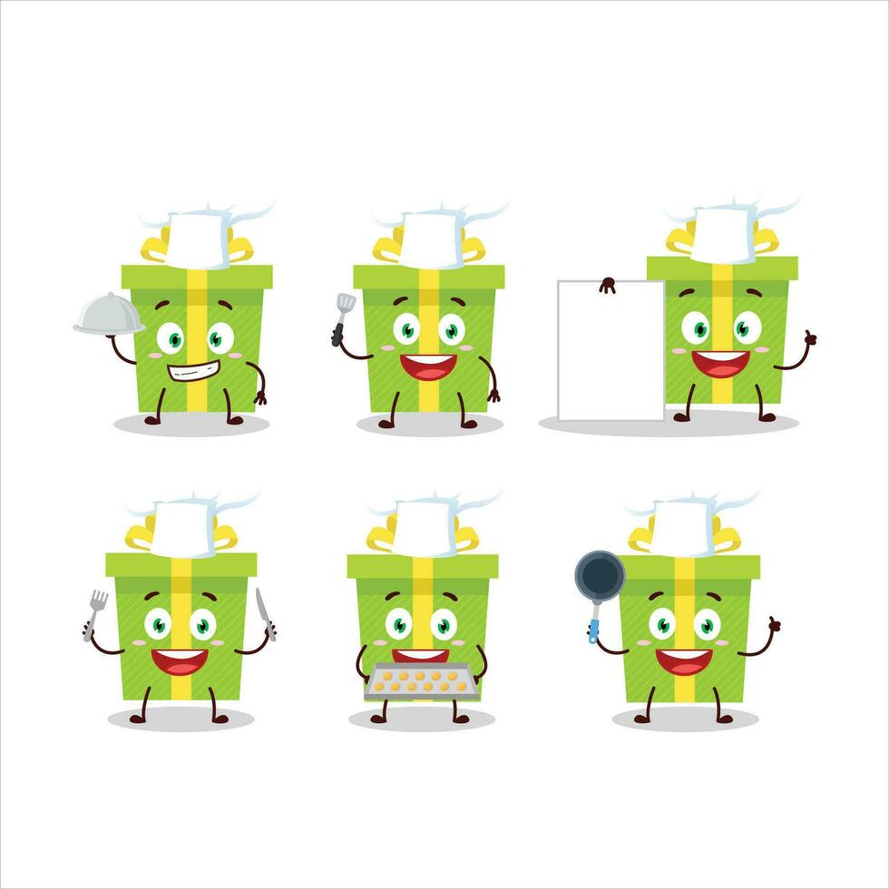 desenho animado personagem do verde Natal presente com vários chefe de cozinha emoticons vetor