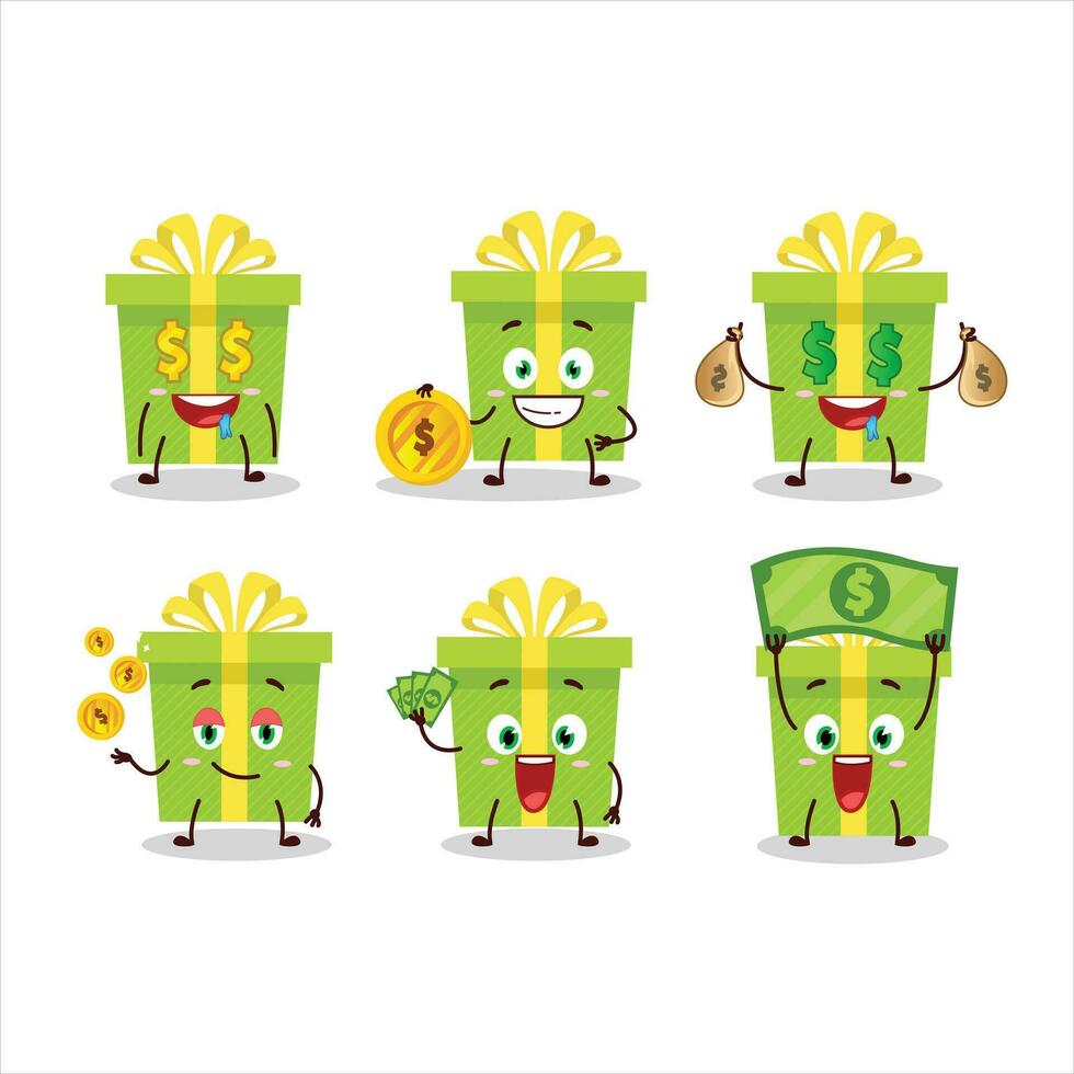 verde Natal presente desenho animado personagem com fofa emoticon trazer dinheiro vetor