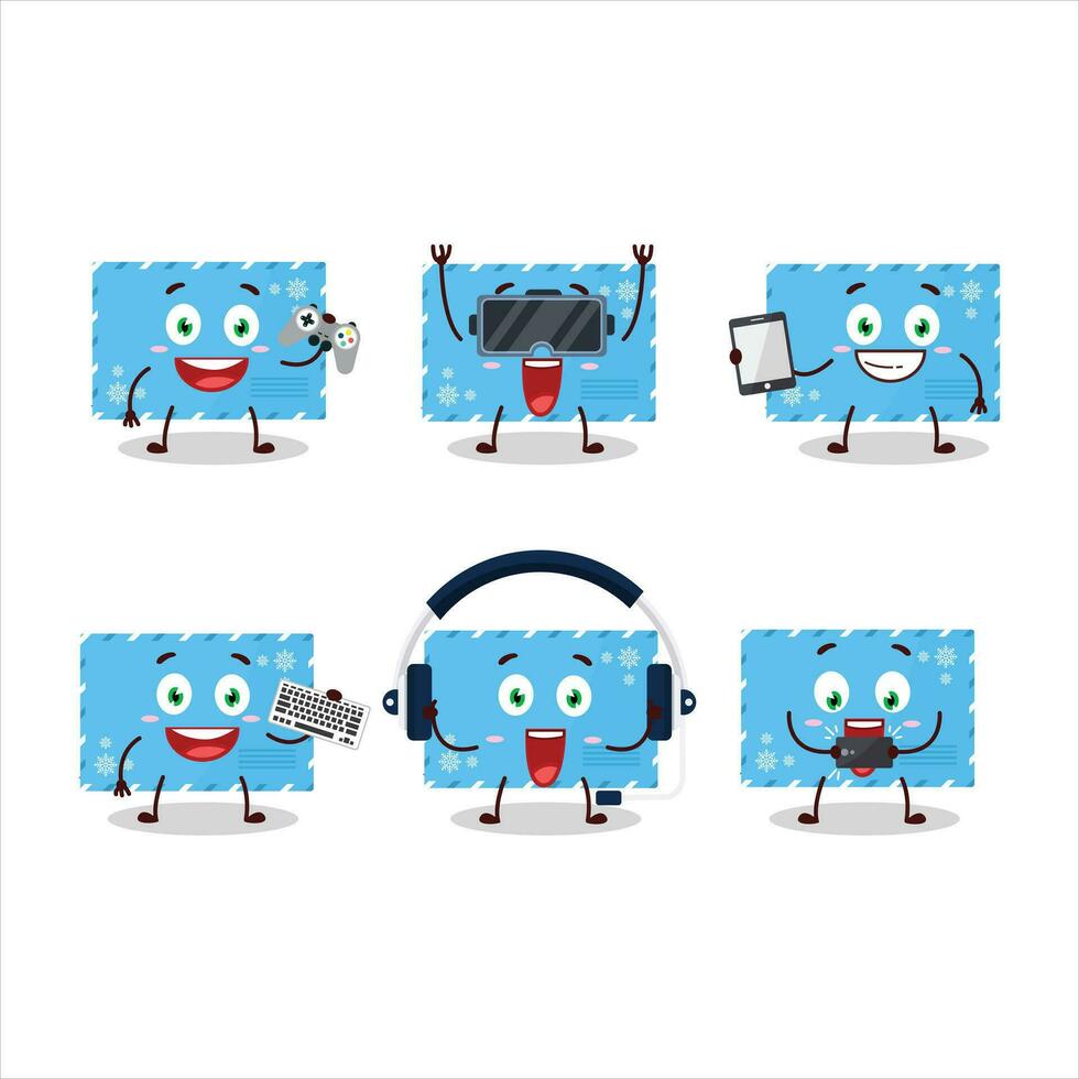 azul Natal envelopes desenho animado personagem estão jogando jogos com vários fofa emoticons vetor