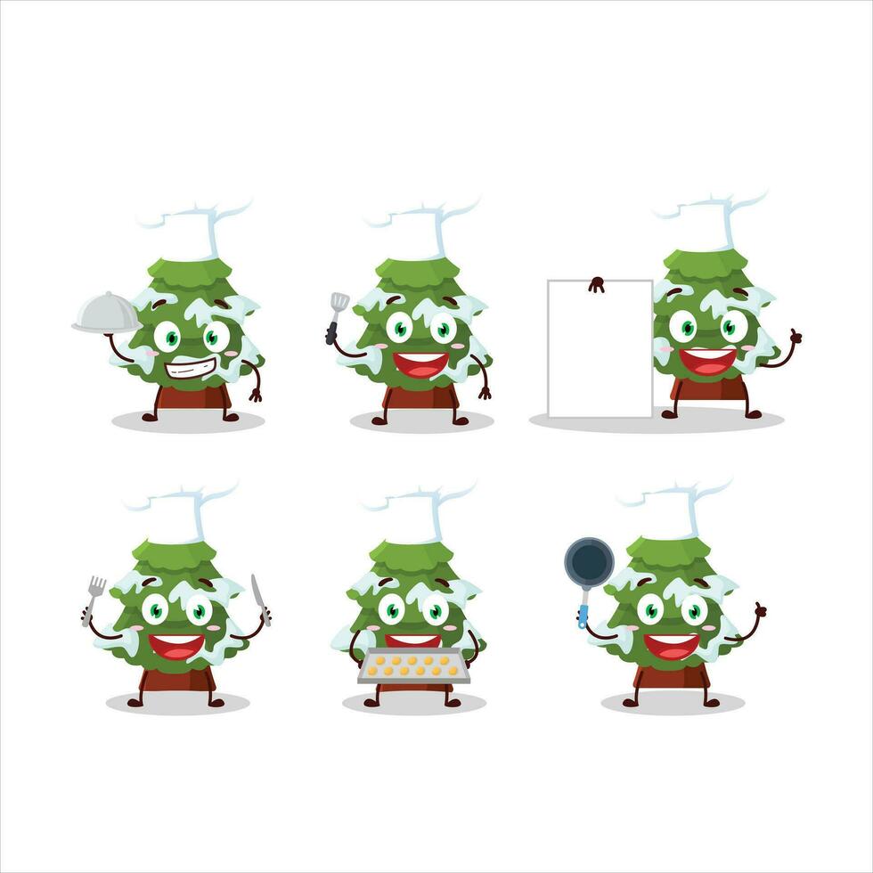 desenho animado personagem do verde neve Natal árvore com vários chefe de cozinha emoticons vetor