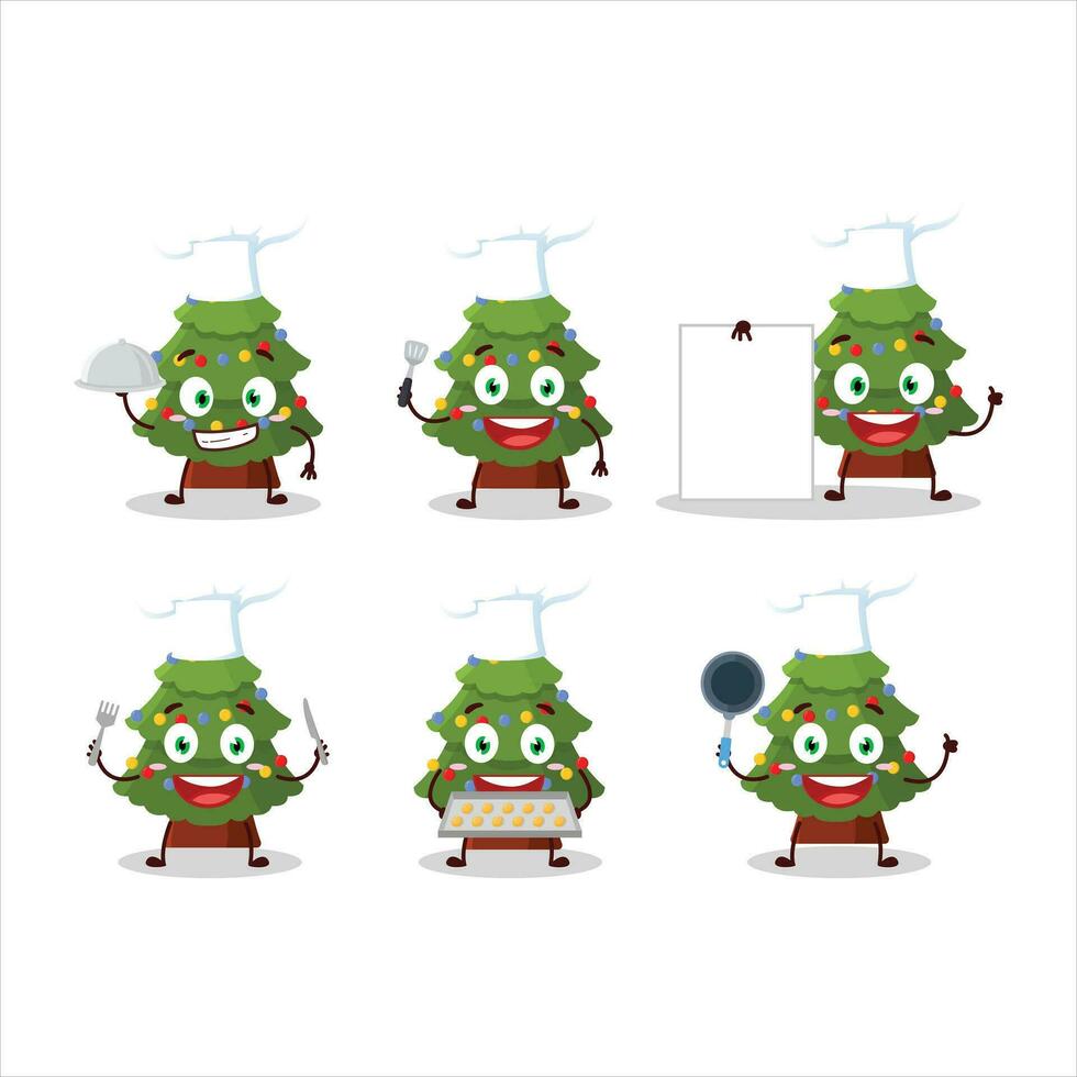 desenho animado personagem do verde Natal árvore com vários chefe de cozinha emoticons vetor