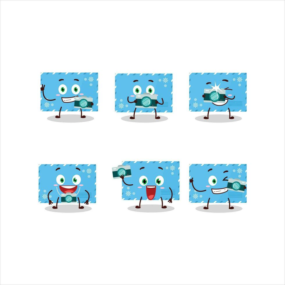 fotógrafo profissão emoticon com azul Natal envelopes desenho animado personagem vetor