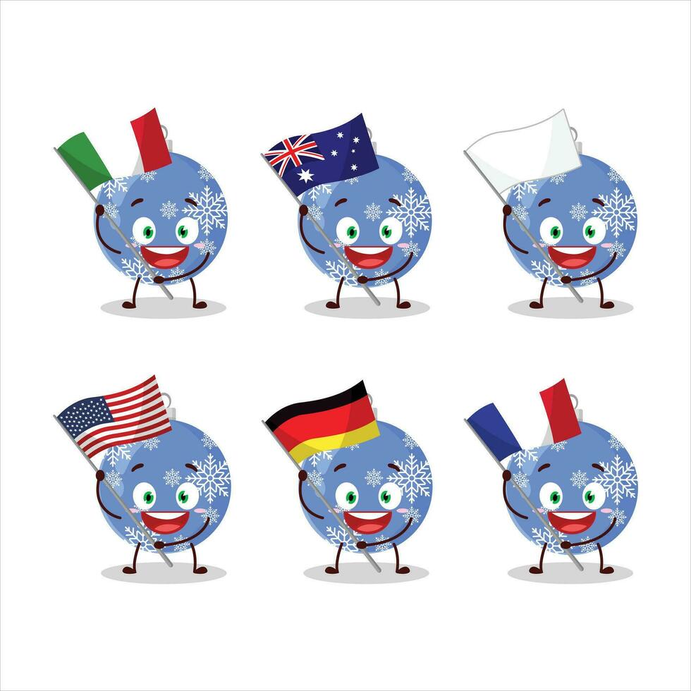 Natal bola azul desenho animado personagem trazer a bandeiras do vários países vetor
