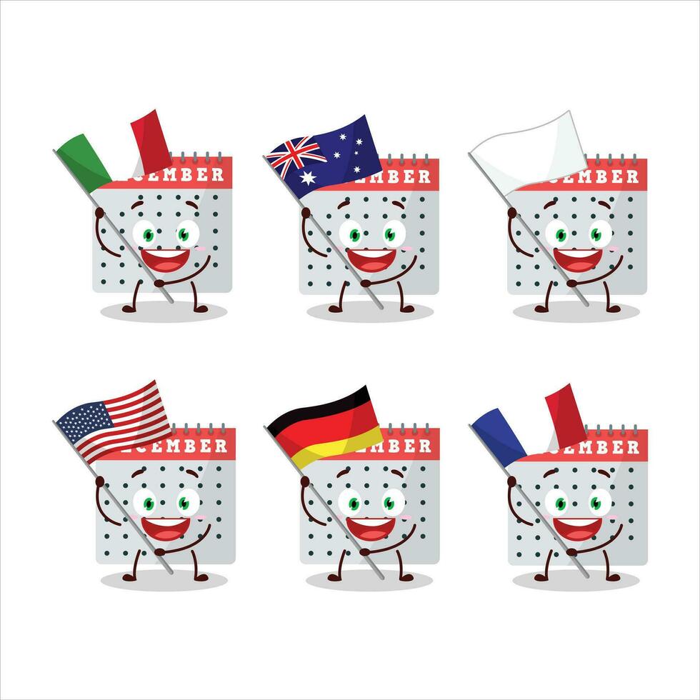 dezembro calendário desenho animado personagem trazer a bandeiras do vários países vetor