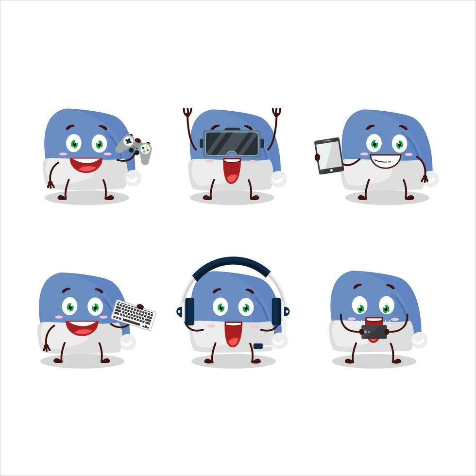 azul santa chapéu desenho animado personagem estão jogando jogos com vários fofa emoticons vetor