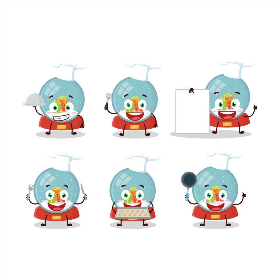 desenho animado personagem do bola de neve com presente com vários chefe de cozinha emoticons vetor