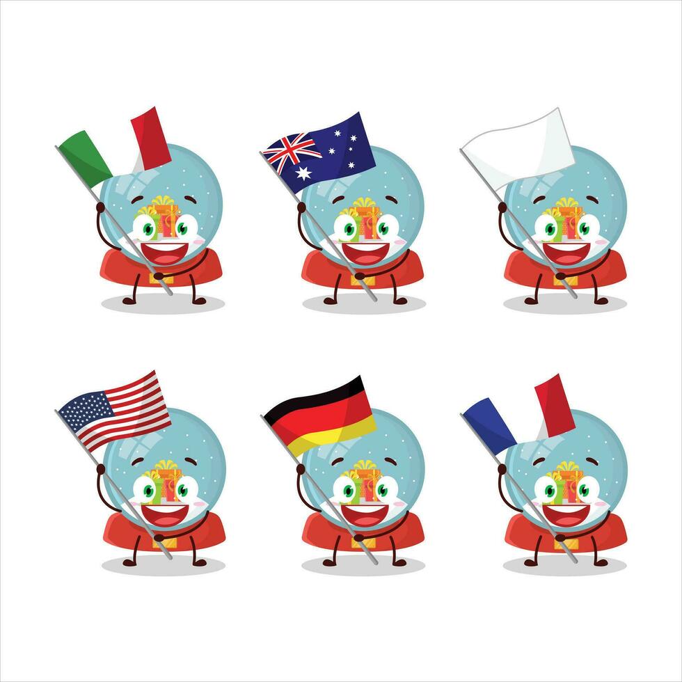 bola de neve com presente desenho animado personagem trazer a bandeiras do vários países vetor
