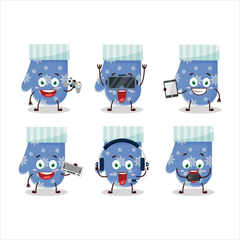 azul luvas desenho animado personagem estão jogando jogos com vários fofa emoticons vetor