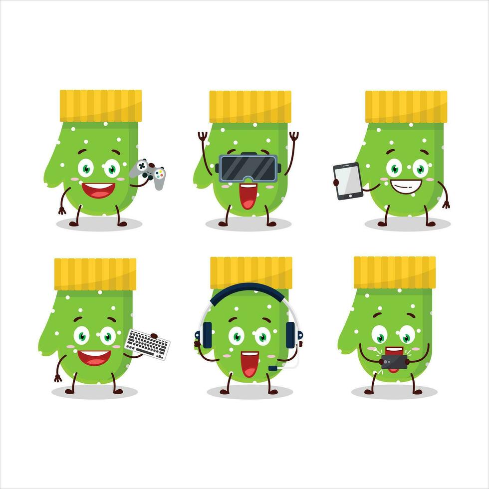 verde luvas desenho animado personagem estão jogando jogos com vários fofa emoticons vetor
