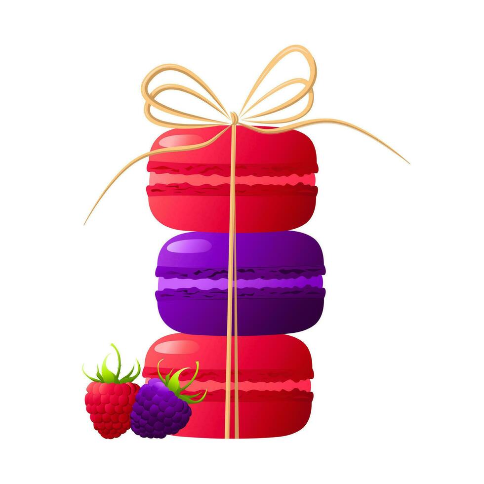 horizontal pilha vermelho e roxa macarons amarrado com uma arco.cor macaroon com framboesa e amora.gradiente macarons. vetor ilustração