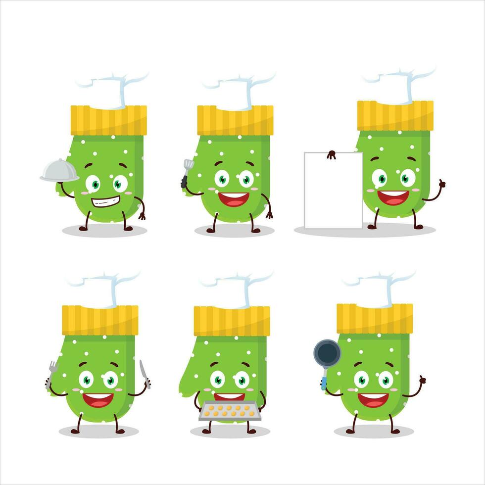 desenho animado personagem do verde luvas com vários chefe de cozinha emoticons vetor