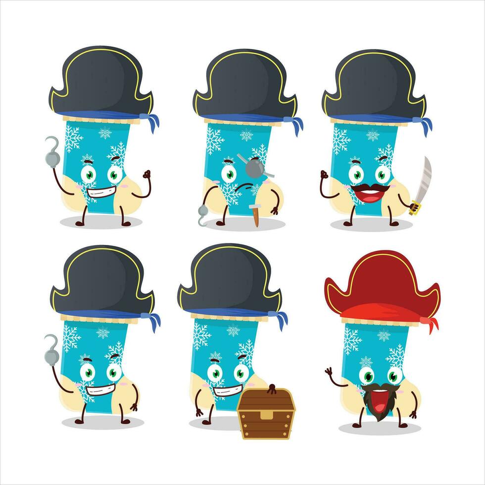 desenho animado personagem do azul Natal meias com vários piratas emoticons vetor