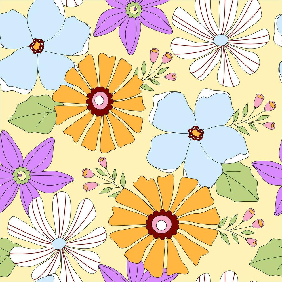 retro verão floral padronizar. bonita vintage flores groovy nostalgia. Primavera Prado. desatado digital papel, fundo, papel de parede. vetor