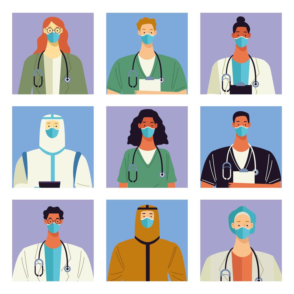 grupo de nove personagens médicos da equipe médica vetor