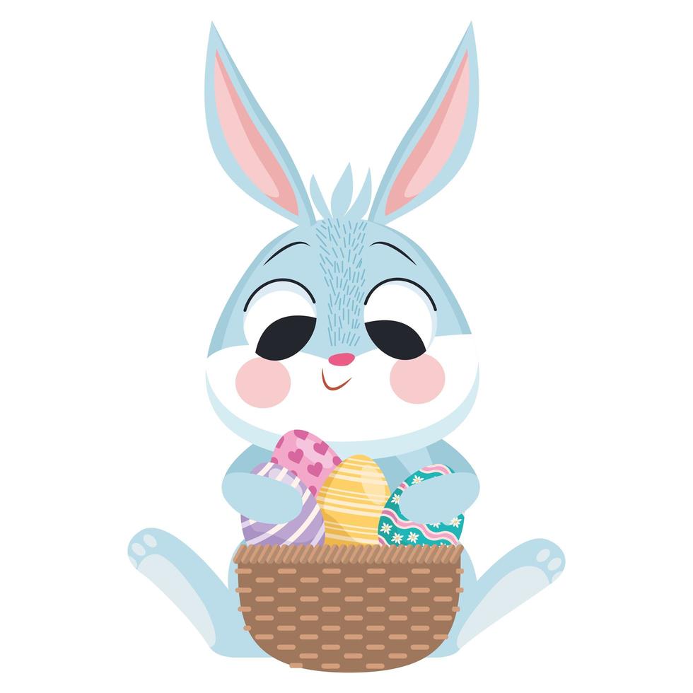 coelho de Páscoa fofo com ovos pintados em personagem de cesta vetor