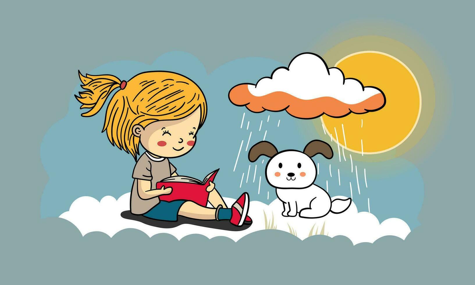 fofa menina lendo uma livro com desenho animado cachorro em Sol atrás chuva nuvem fundo. vetor