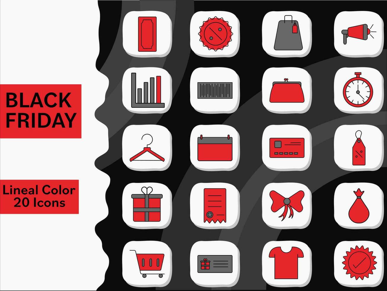 vermelho e cinzento Preto Sexta-feira comercial celebração ícone conjunto contra Sombrio curva fundo. vetor