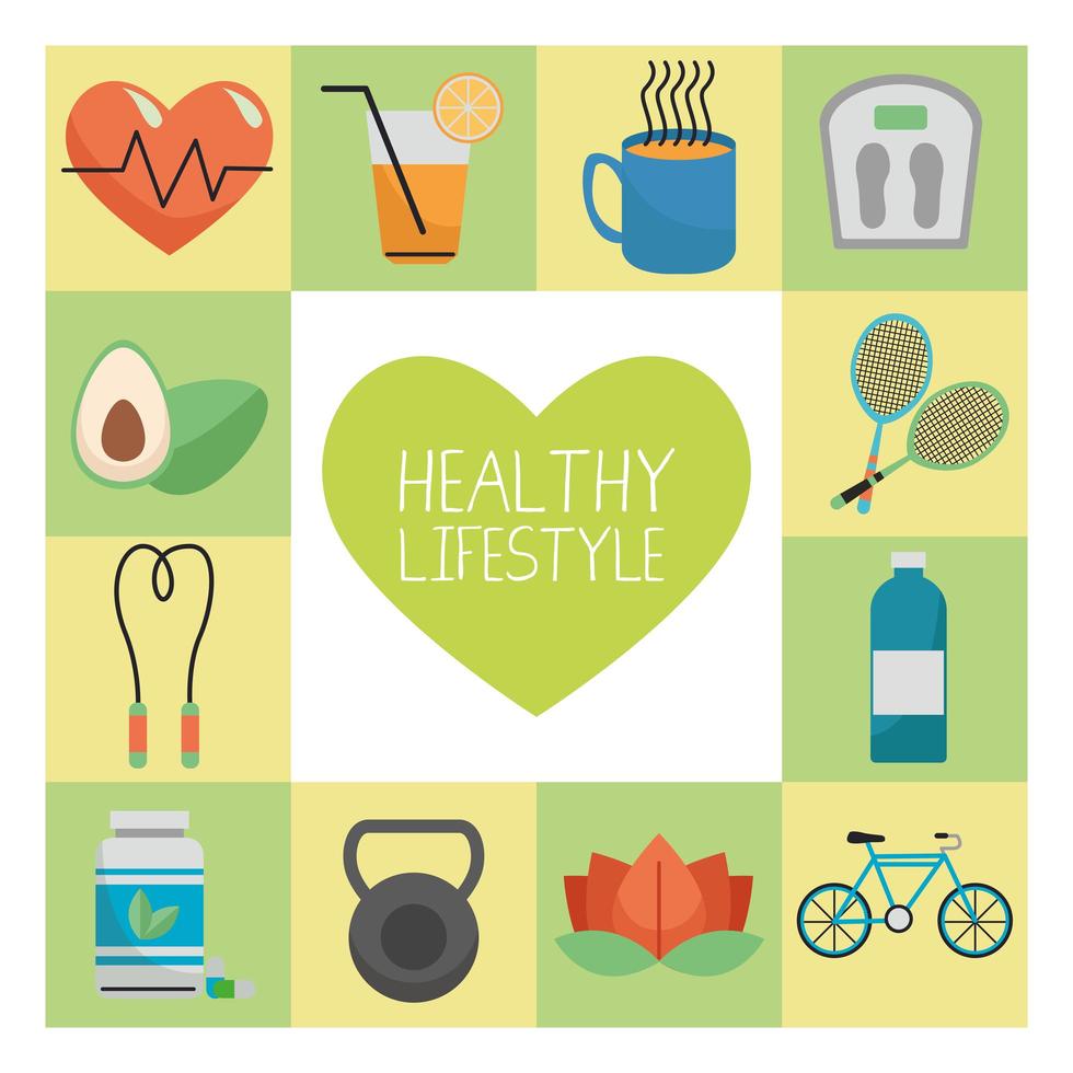 coração com conjunto de doze ícones de estilo de vida saudável vetor
