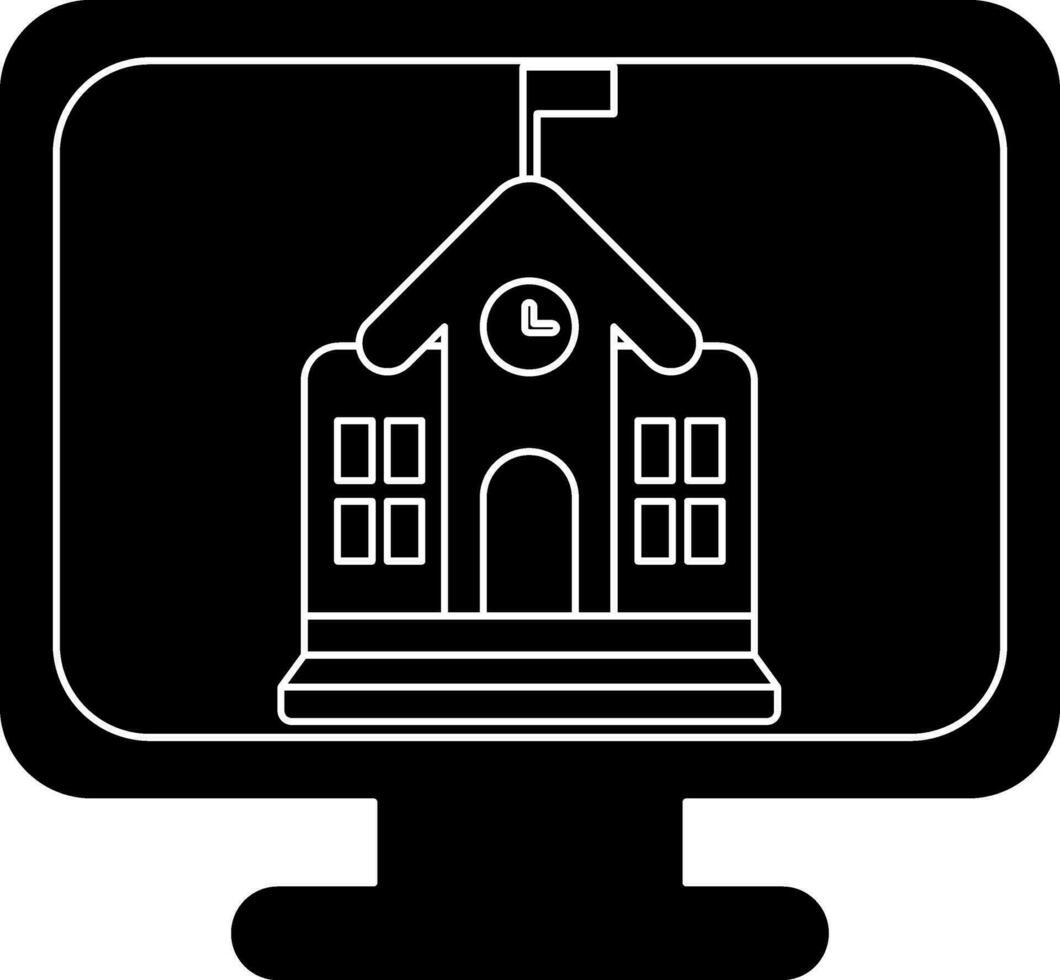 Preto e branco escola construção dentro monitor tela ícone para conectados Educação ou aprendizado. vetor