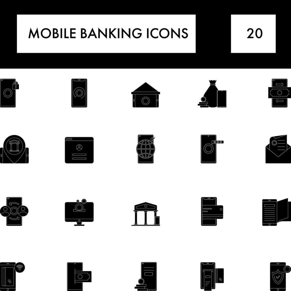 Preto e branco cor conjunto do Móvel bancário ícone dentro plano estilo. vetor