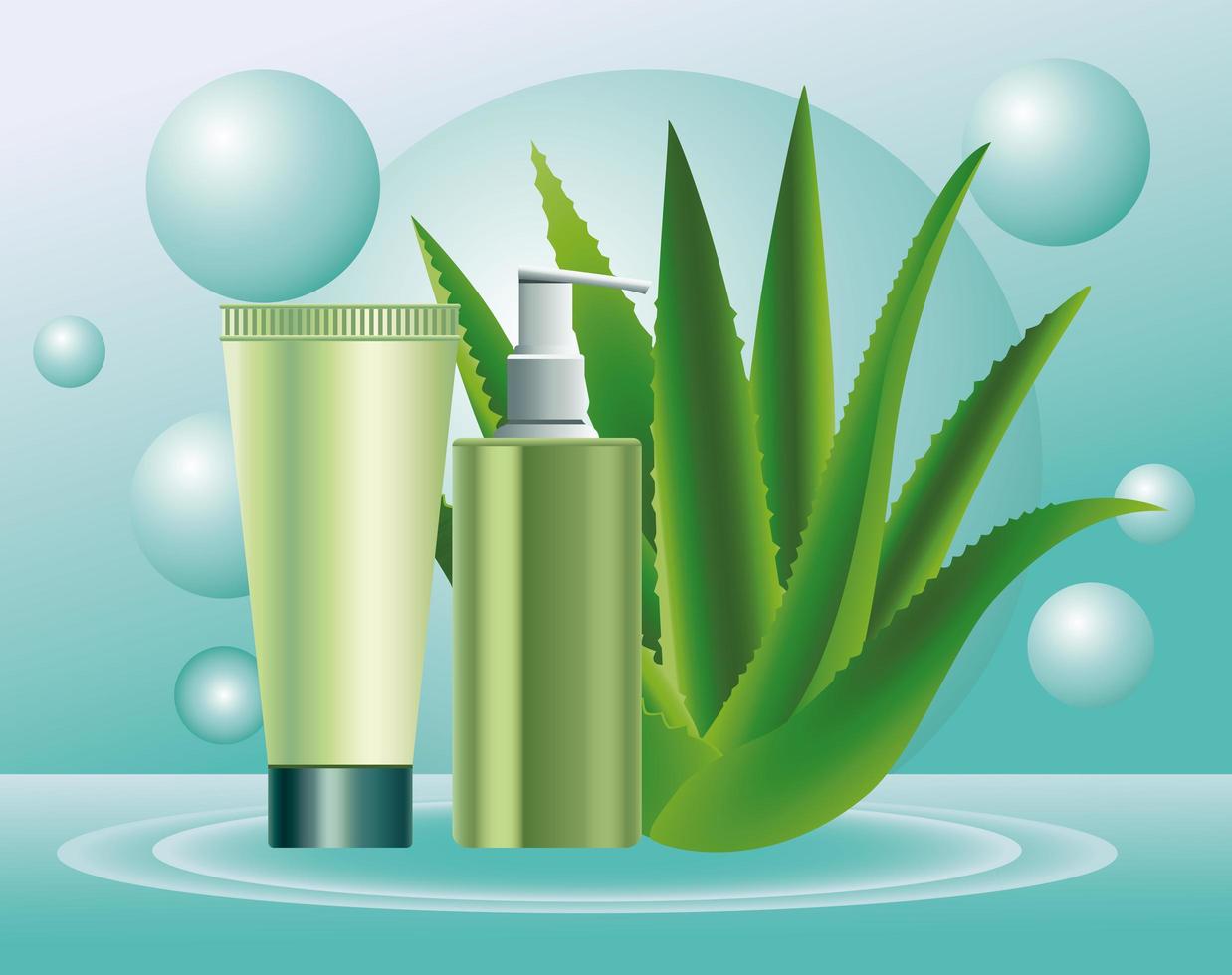 dois frascos e tubos verdes para cuidados com a pele com planta de aloe vetor