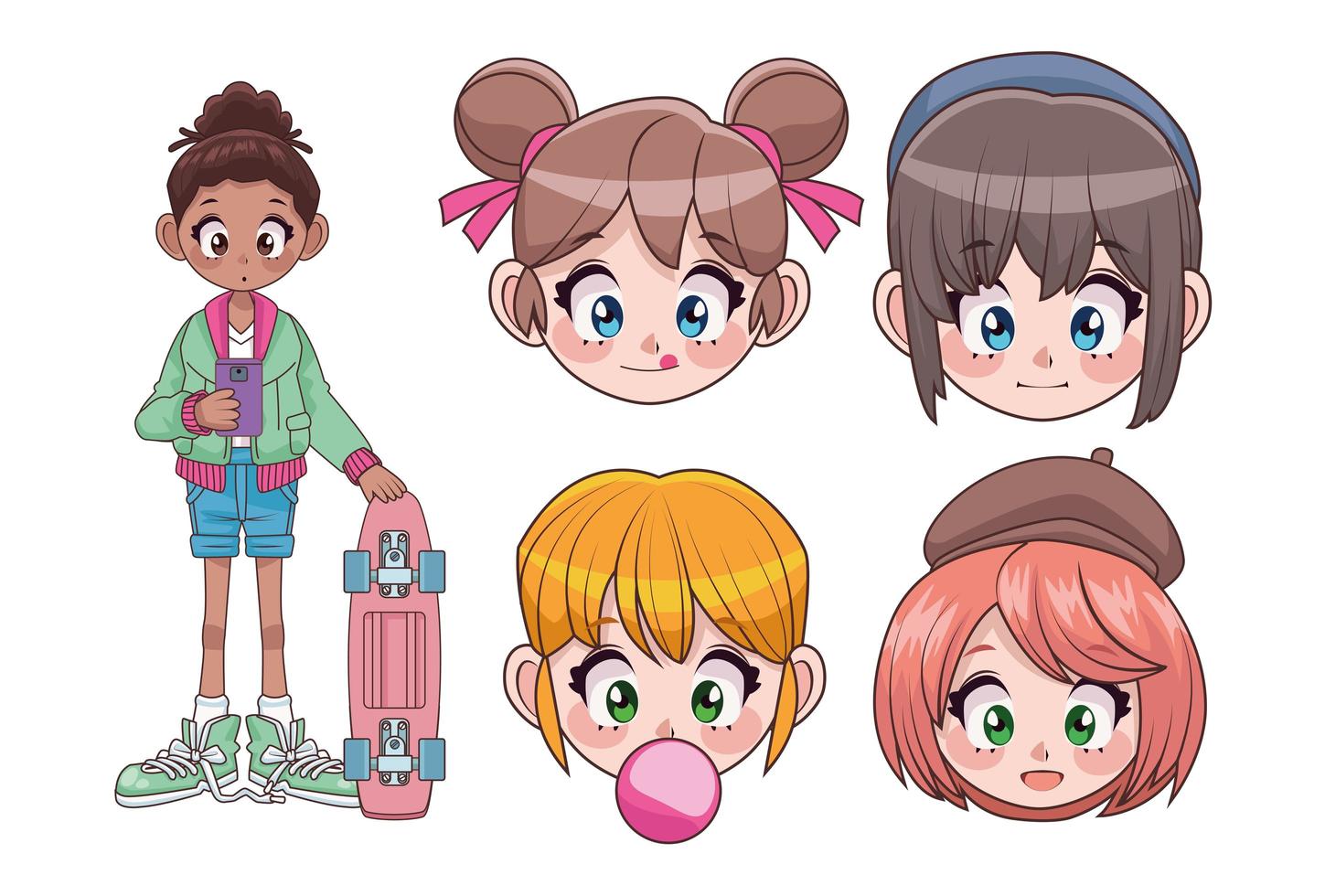 grupo de cinco lindos personagens de anime interracial adolescentes garotas vetor