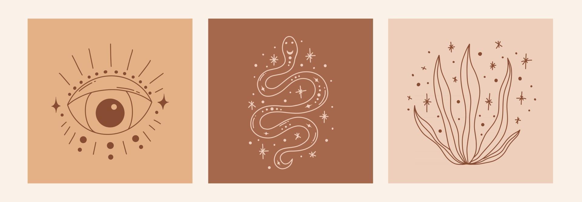 boho místico doodle esotérico conjunto mágico linha arte pôster com olho cobra folhas lua e estrelas ilustração vetorial moderna boêmio vetor