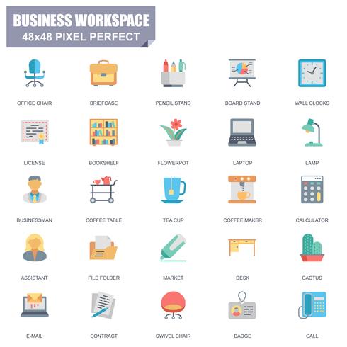 Conjunto simples de ícones plana do vetor de espaço de trabalho de negócios relacionados