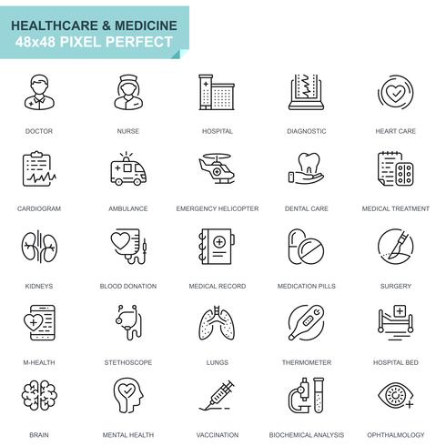 Conjunto simples de cuidados de saúde e ícones de linha médica para o site e aplicativos móveis vetor