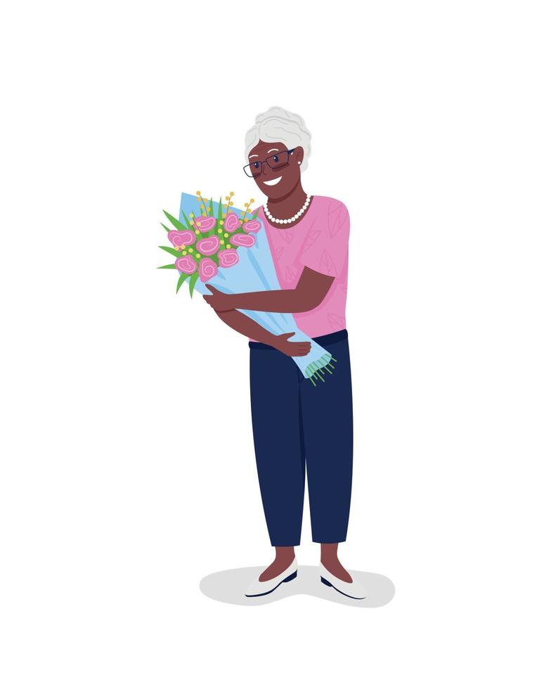 feliz mulher madura afro-americana com flores de cor lisa personagem detalhada de vetor