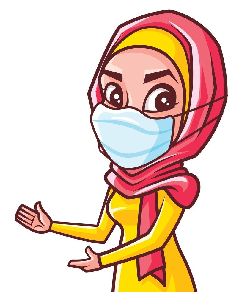 jovem muçulmana com hijab usando máscara médica para evitar vírus apontando algo no espaço em branco vetor