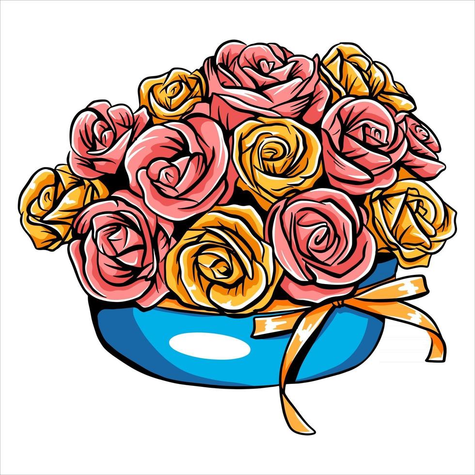 buquê com rosas em uma cesta de presente para uma mulher com flores frescas em estilo artesanal vetor