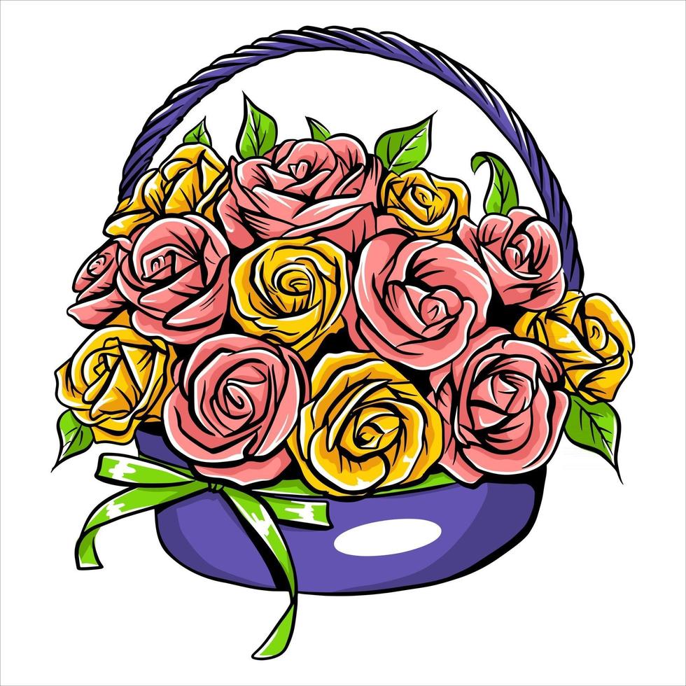 buquê com rosas em uma cesta de presente para uma mulher com flores frescas em estilo artesanal vetor